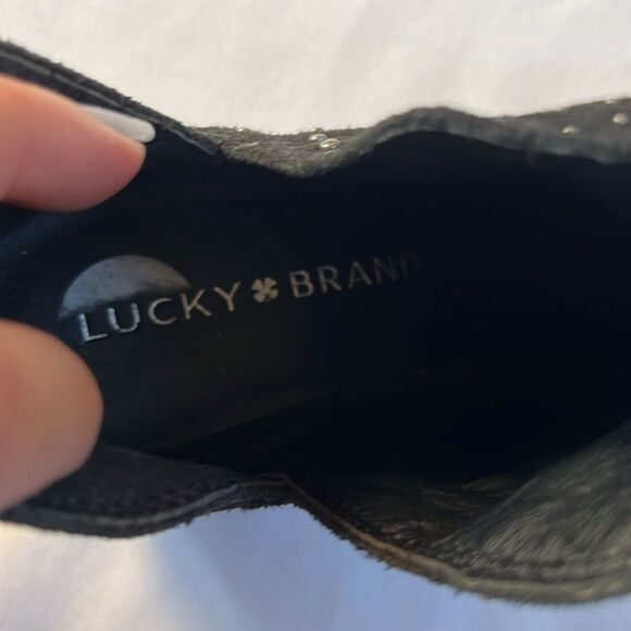 Black Suede Leather Lucky Brand Women’s metal Studded Open Toe Booties sz 6.5 - Picture 5 of 8